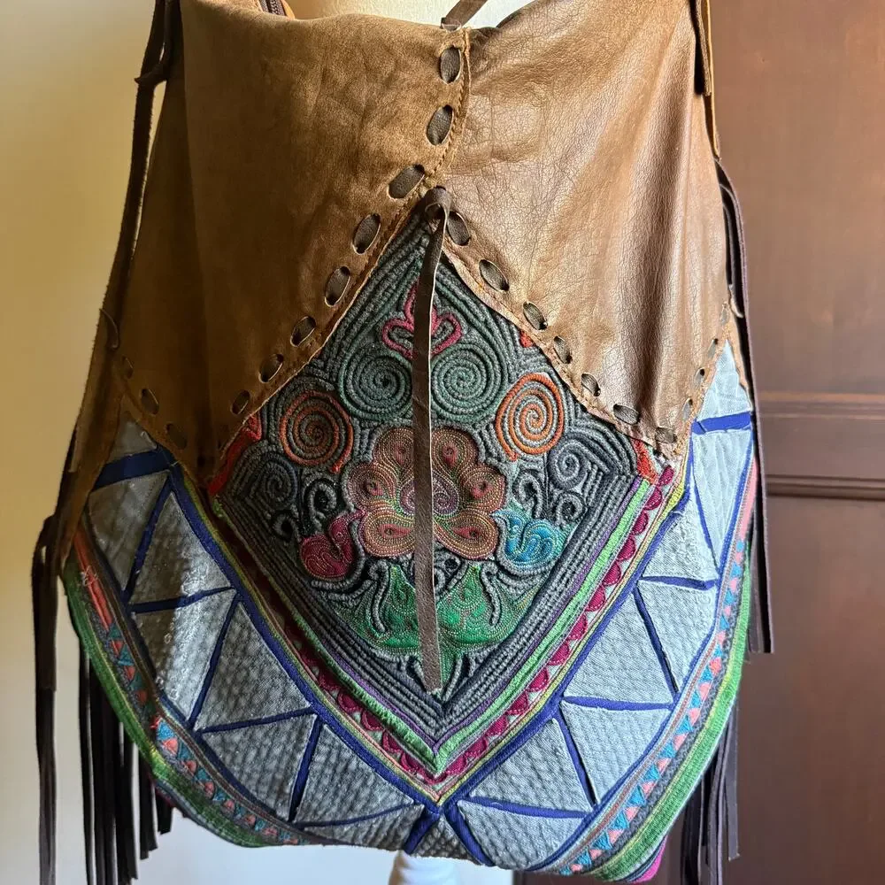 Vintage Handmade Boho Soft Kidskin Leather Embroidered Fringe Oversized Bag